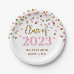 Pink Gold Confetti Graduation 2023 Paper Plate