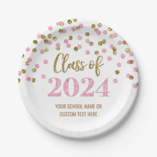 Pink Gold Confetti Graduation 2024 Paper Plate