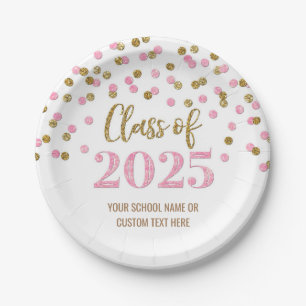 Pink Gold Confetti Graduation 2025 Paper Plate