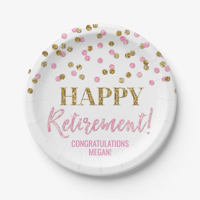 Pink Gold Confetti Happy Retirement Paper Plate (Front)