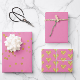 Pink Gold Confetti Heart Wrapping Paper Sheet