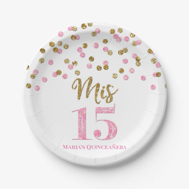 Pink Gold Confetti Mis 15 Quinceanera Paper Plate (Front)