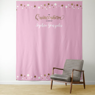 Pink Gold Confetti Name Quinceanera backdrop Tapestry