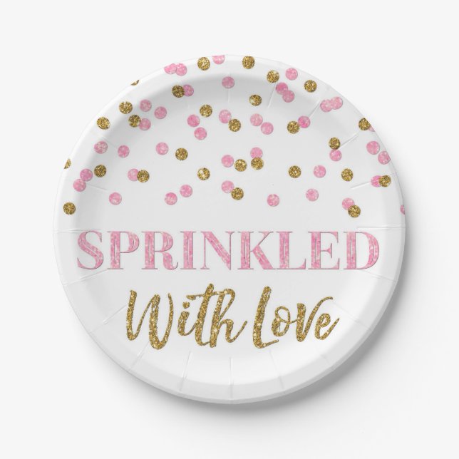 Pink Gold Confetti Sprinkled with Love Paper Plate (Front)