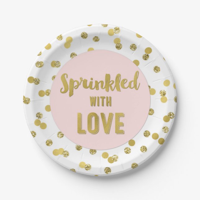 Pink Gold Confetti Sprinkled with Love Paper Plate (Front)