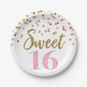 Pink Gold Confetti Sweet 16 Birthday Party Paper Plate