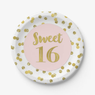 Pink Gold Confetti Sweet 16 Birthday Party Paper Plate