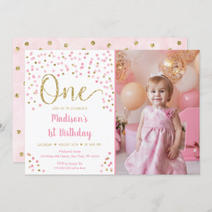 Pink Gold Confetti Watercolor First Birthday Invit Invitation