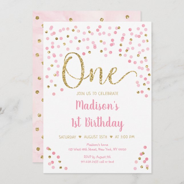Pink Gold Confetti Watercolor First Birthday Invitation (Front/Back)