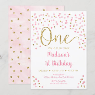 Pink Gold Confetti Watercolor First Birthday Invitation