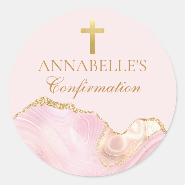 Pink Gold Confirmation Cross Chic Party Classic Round Sticker (Front)
