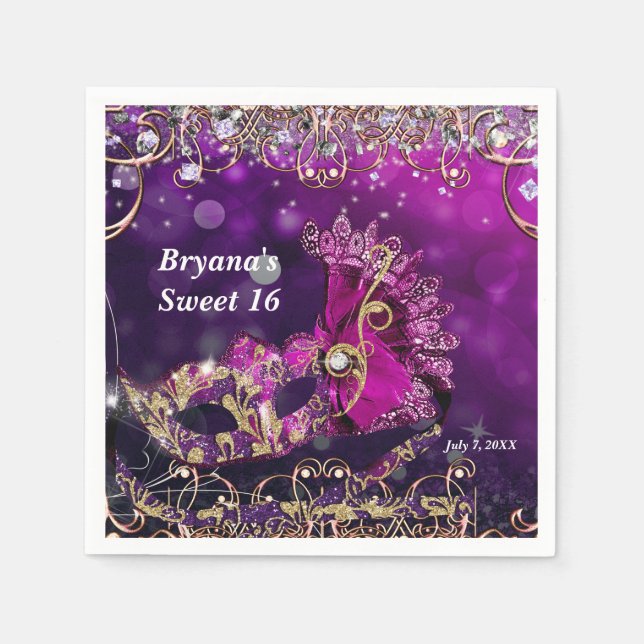 Pink & Gold Costume Masquerade Mask Birthday Party Napkin (Front)