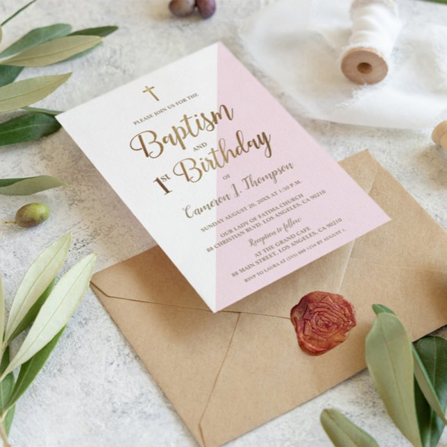 Pink Gold Cross Baptism 1st Birthday Invitation (Baptism and First birthday combined celebration party invitation pink gold white)