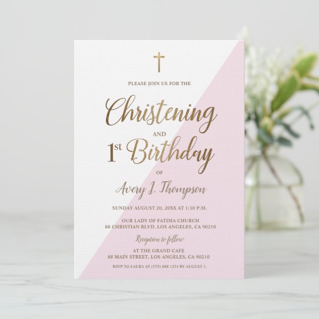 Pink Gold Cross Christening 1st Birthday  Invitation (Standing Front)