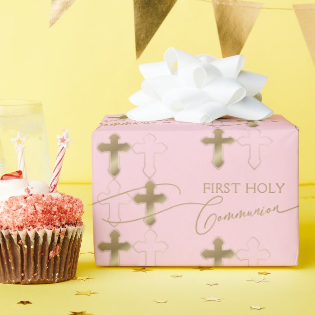 Pink Gold Cross First Holy Communion  Wrapping Paper (Birthday Party)