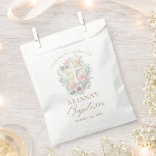 Pink Gold Cross Floral Elegant Watercolor Baptism Favour Bags