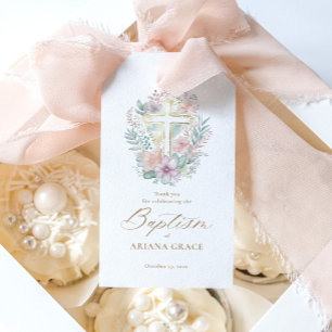 Pink Gold Cross Floral Elegant Watercolor Baptism Gift Tags