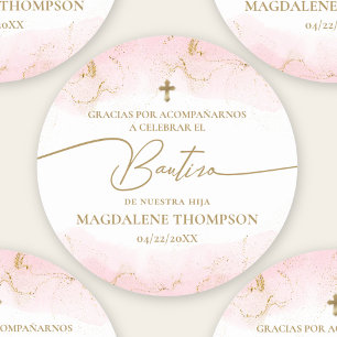 Pink Gold Cross Girl Baptism Bautizo Classic Round Sticker