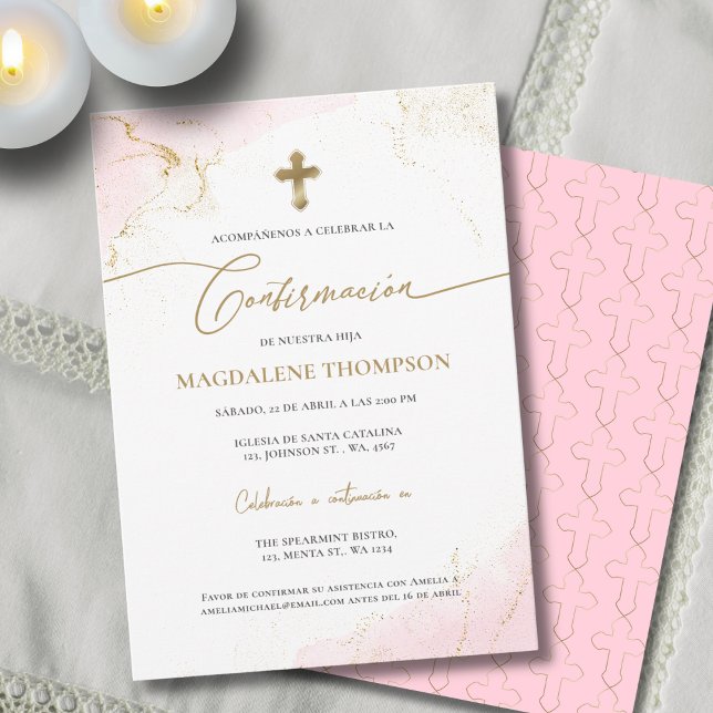 Pink Gold Cross Girl Confirmation Confirmacion Invitation (Creator Uploaded)