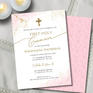 Pink Gold Cross Girl First Holy Communion Invitation