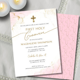 Pink Gold Cross Girl First Holy Communion Invitation