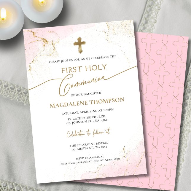 Pink Gold Cross Girl First Holy Communion Invitation (Creator Uploaded)