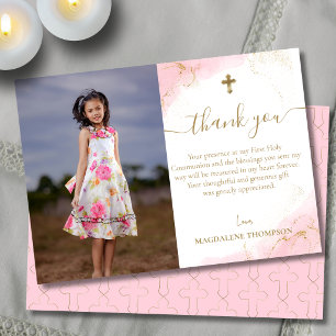 Pink Gold Cross Girl Photo First Holy Communion  Thank You Card