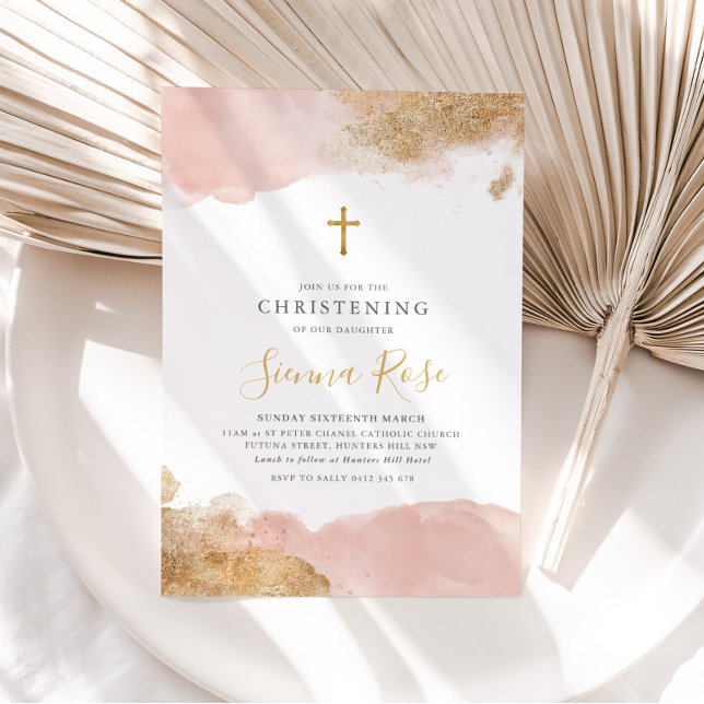 Pink Gold Cross Girls Baptism Christening   Invitation (Creator Uploaded)