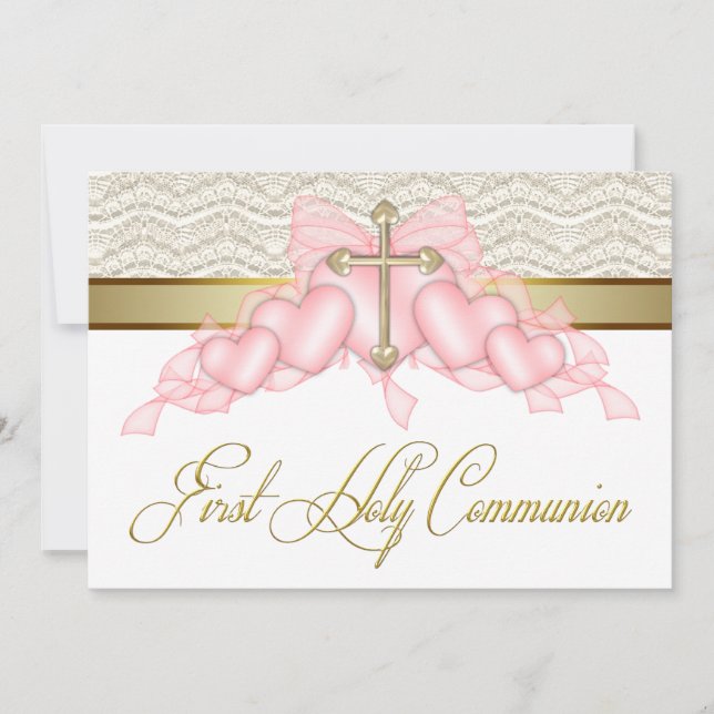 Pink Gold Cross Girls Pink First Communion Invitation (Front)