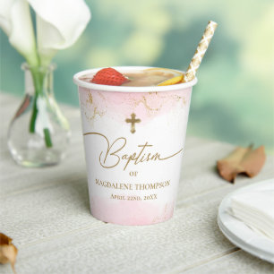 Pink Gold Cross Name Girl Baptism Paper Cups