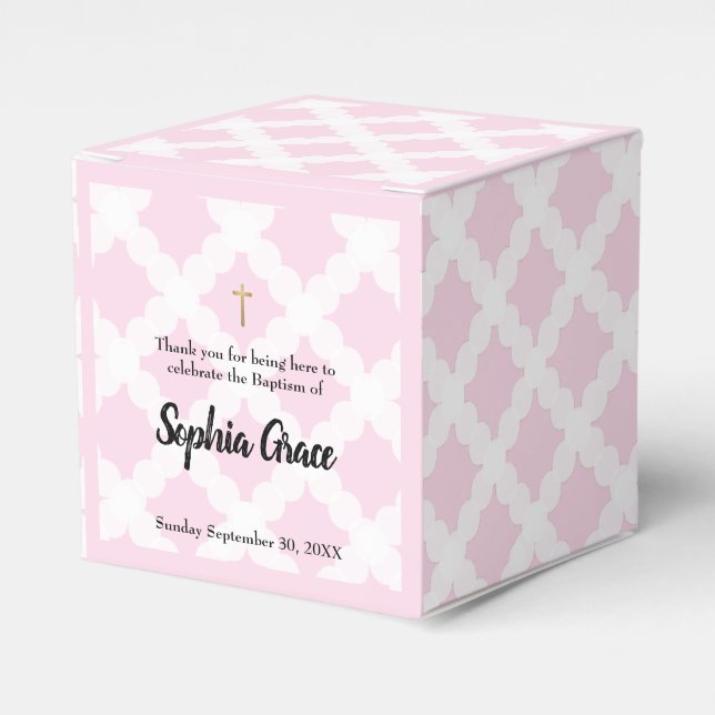 Pink Gold Cross Personalised Baby Girl baptism Favour Box (Front Side)