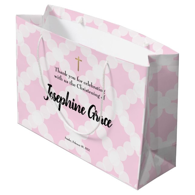 Pink Gold Cross Personalised Baby Girl Christening Large Gift Bag (Back Angled)