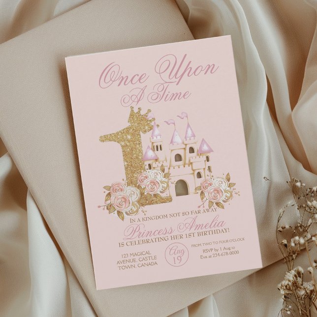 Pink Gold Crown Castle Princess 1st Birthday  Invi Invitation (Creator Uploaded)