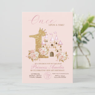 Pink Gold Crown Castle Princess 1st Birthday  Invitation