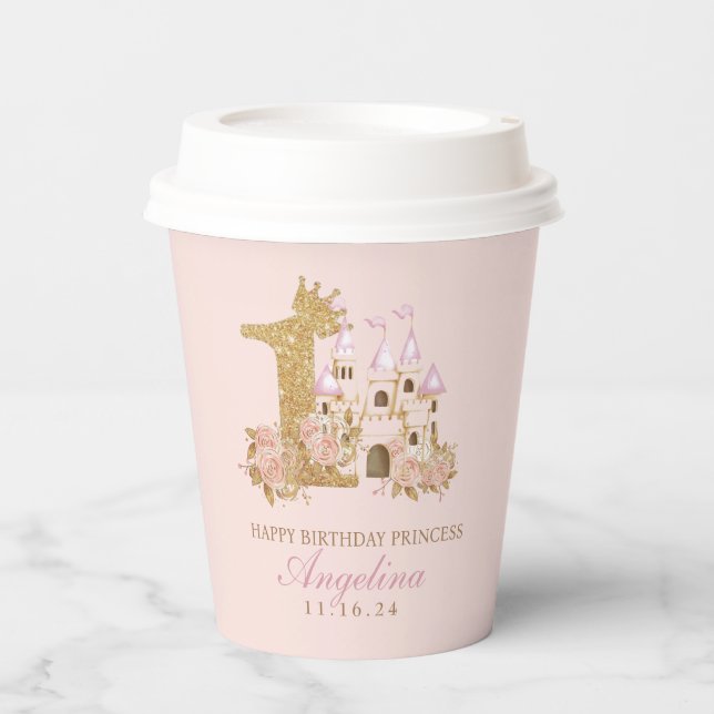 Pink Gold Crown Castle Princess 1st Birthday Party Paper Cups (Front)