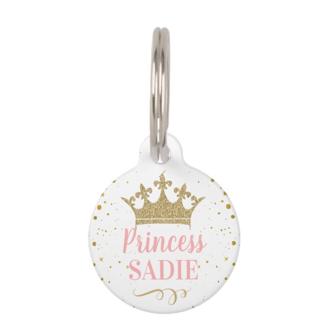 Pink Gold Crown Cat Dog Princess Pet Tag (Front)
