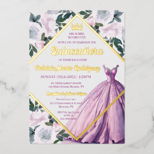 Pink Gold Crown Gown Modern Floral Quinceanera