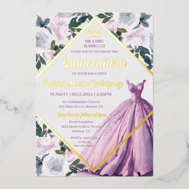 Pink Gold Crown Gown Modern Floral Quinceanera (Front)