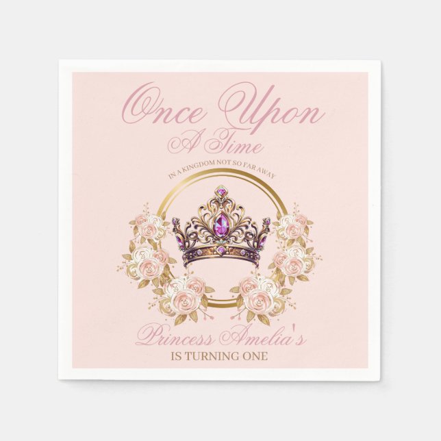 Pink Gold Crown Princess 1st Birthday  Napkin (Front)