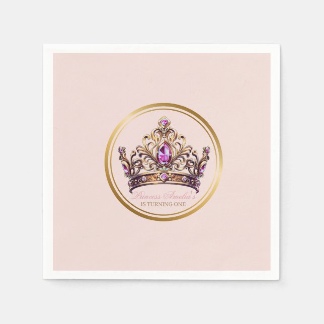 Pink Gold Crown Princess 1st Birthday Napkin (Front)