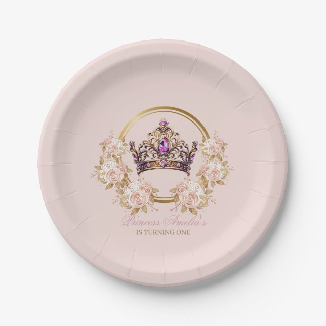 Pink Gold Crown Princess 1st Birthday Paper Plate (Front)