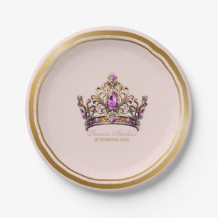 Pink Gold Crown Princess 1st Birthday Paper Plate