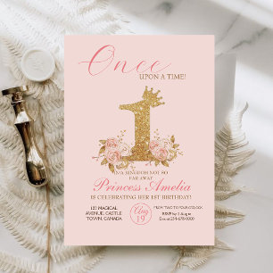 Pink Gold Crown Princess 1st Birthday Party  Invitation