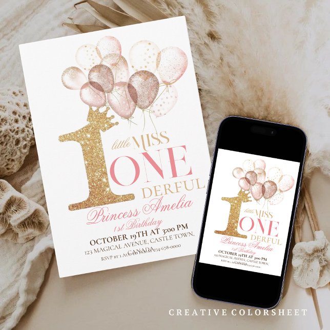 Pink Gold Crown Princess balloons 1st Birthday  Invitation (Creator Uploaded)