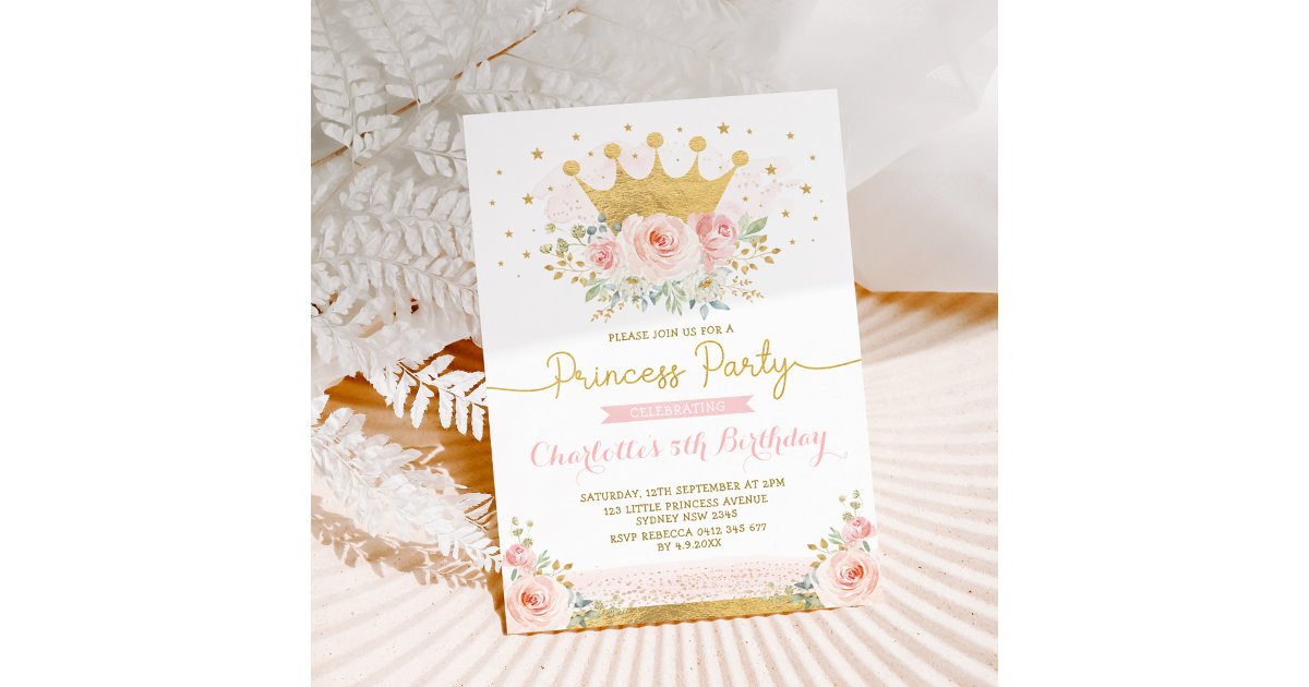 Pink Gold Crown Princess Birthday Blush Floral Invitation | Zazzle