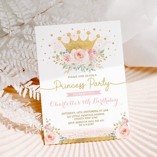 Pink Gold Crown Princess Birthday Blush Floral Invitation (Creator Uploaded)