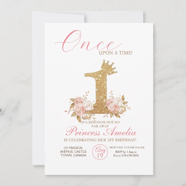Pink Gold Crown Princess First Birthday Party  Invitation (Front)