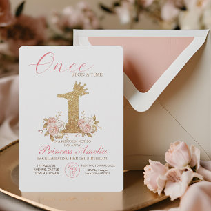 Pink Gold Crown Princess First Birthday Party  Invitation