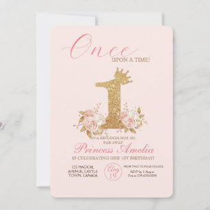 Pink Gold Crown Princess First Birthday Party  Invitation