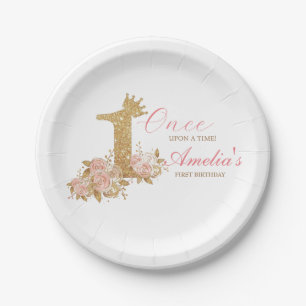 Pink Gold Crown Princess First Birthday Party  Paper Plate